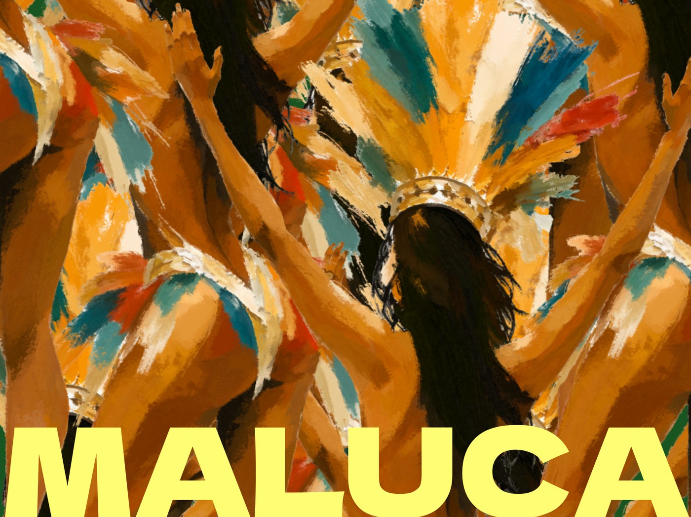 MALUCA in yellow across a painting of carnival dancers in feathered headdresses